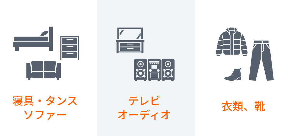 寝具・タンス、ソファー、テレビ、オーディオ、衣類、靴